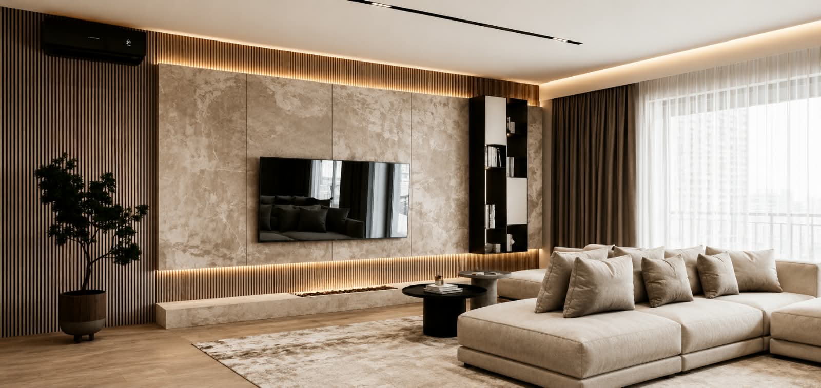 Sala planejada com painel de TV e iluminação integrada